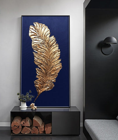 TPFLiving Leinwandbild Kunstdruck - Nordic Art Goldene Feder auf blauem oder grauem Hintergrund - OHNE Rahmen - Bilder Wohnzimmer - Modell TPFL-LW-68-MA