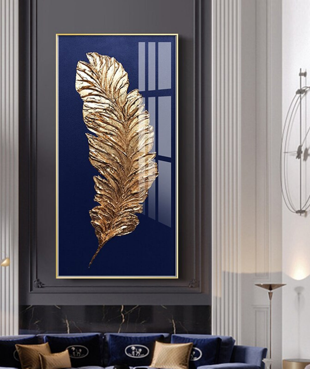 TPFLiving Leinwandbild Kunstdruck - Nordic Art Goldene Feder auf blauem oder grauem Hintergrund - OHNE Rahmen - Bilder Wohnzimmer - Modell TPFL-LW-68-MA