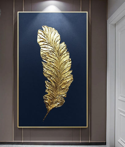 TPFLiving Leinwandbild Kunstdruck - Nordic Art Goldene Feder auf blauem oder grauem Hintergrund - OHNE Rahmen - Bilder Wohnzimmer - Modell TPFL-LW-68-MA