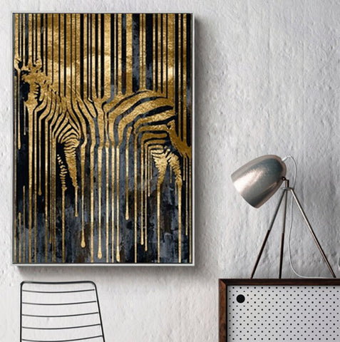 TPFLiving Poster Leinwand / Abstraktes Zebra in Gold und Schwarz / Verschiedene Größen - OHNE Rahmen - Modell FB491