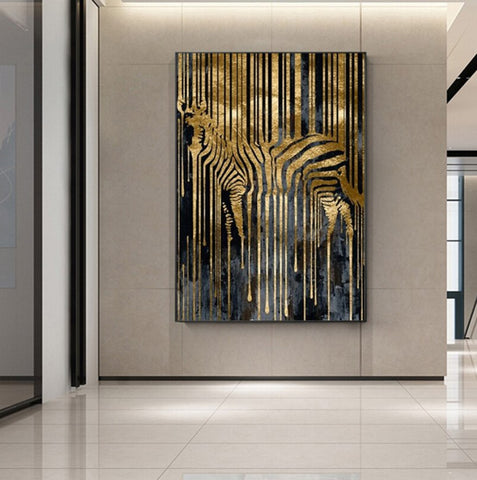 TPFLiving Poster Leinwand / Abstraktes Zebra in Gold und Schwarz / Verschiedene Größen - OHNE Rahmen - Modell FB491