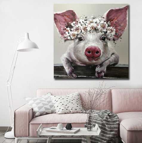 TPFLiving Poster Leinwand / Nettes Schwein mit Blumen auf dem Kopf / Verschiedene Größen - OHNE Rahmen - Modell JB965