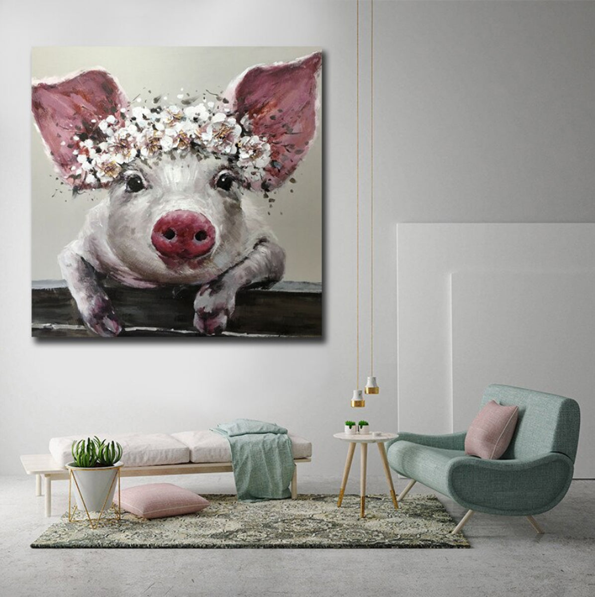 TPFLiving Poster Leinwand / Nettes Schwein mit Blumen auf dem Kopf / Verschiedene Größen - OHNE Rahmen - Modell JB965